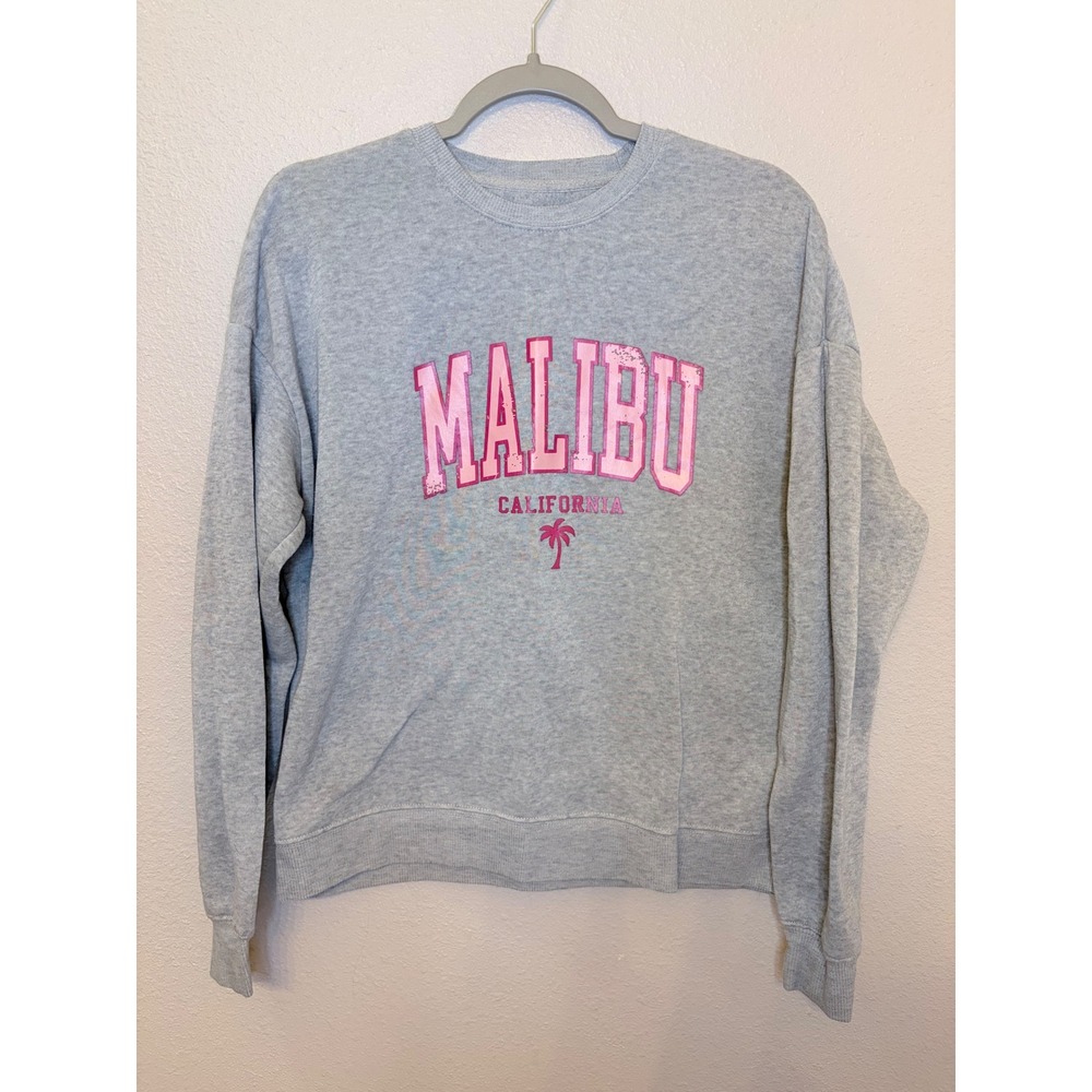 Shein Malibu California Graphic Sweatshirt Gray Pink Palm Tree XS Pullover